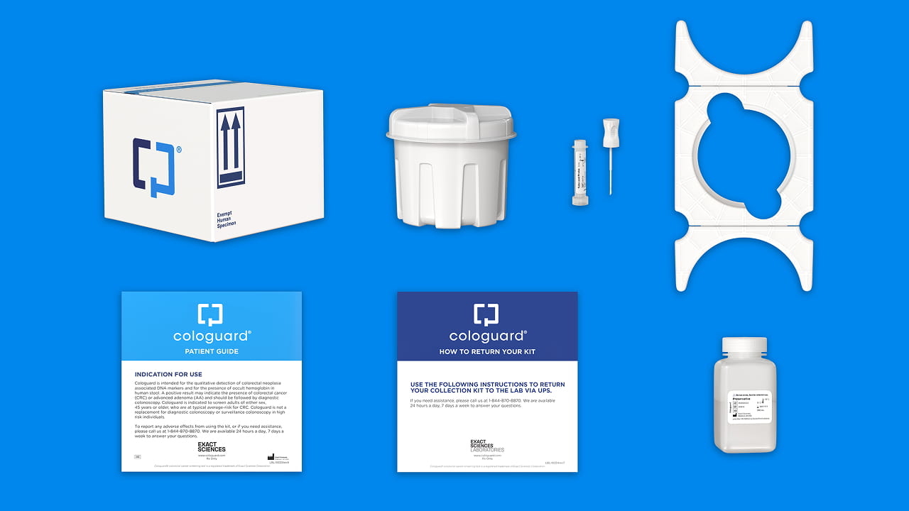 Illustration of what components are included in a Cologuard box.