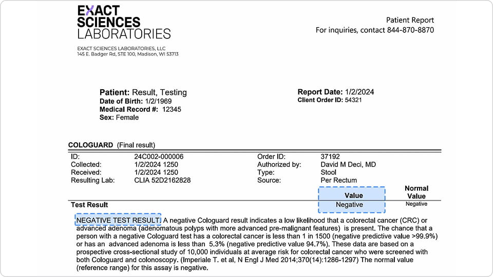 A sample of a negative Cologuard test report.