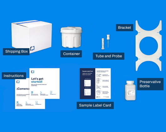 An illustration of the Cologuard Plus test kit components with corresponding labels.