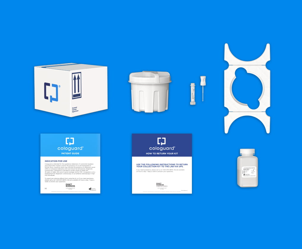The Cologuard kit box, the sample container, tube, bracket, instruction guides, and bottle of liquid preservative