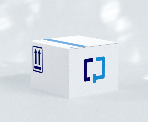 Cologuard test kit box, white with light and dark blue logo.